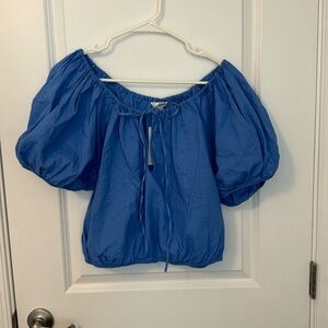 Blue linen puff sleeve blouse